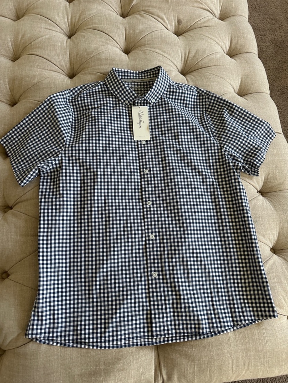 Walter Hagen Navy and White Gingham Short-Sleeve Button-Down Shirt